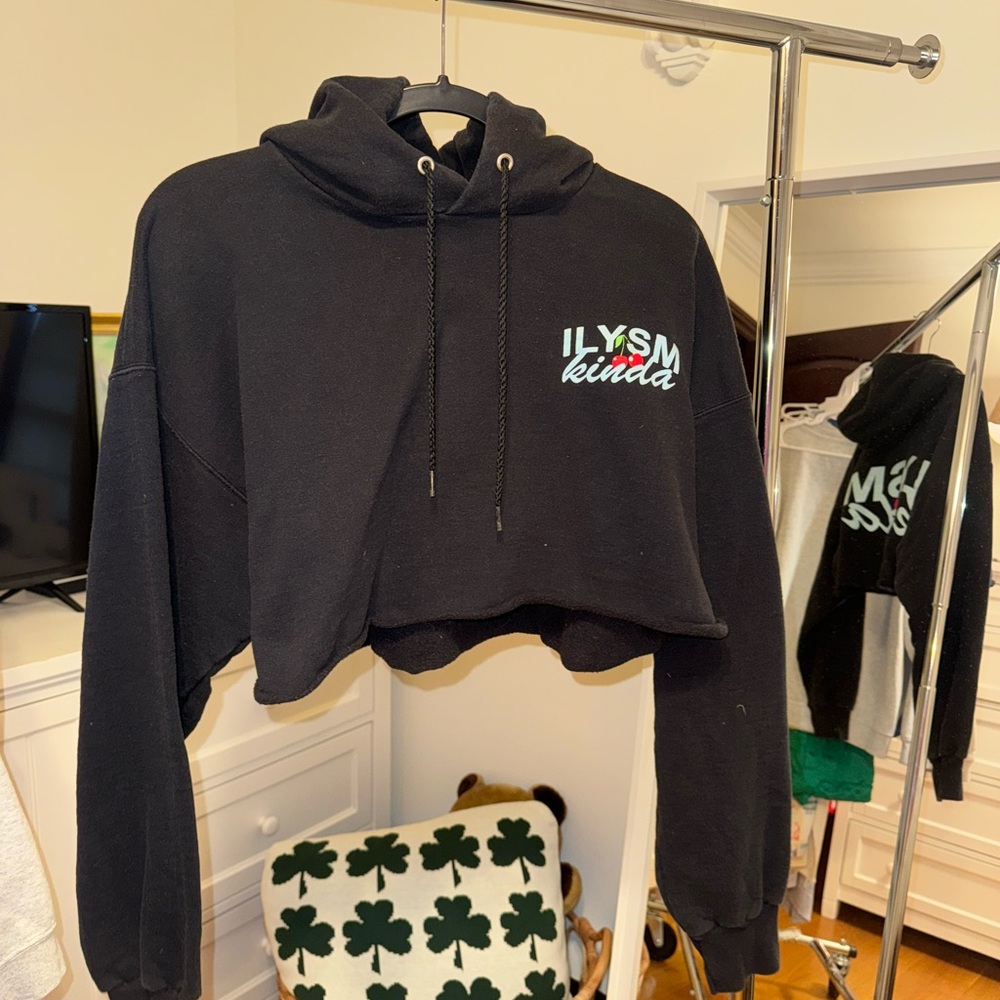 ILYSM KINDA Black Cropped Hoodie Cherry